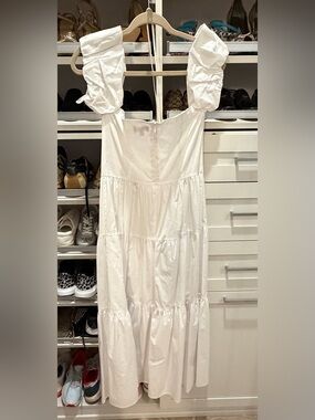 STAUD Off the Shoulder Puff Sleeve White Prairie Dress